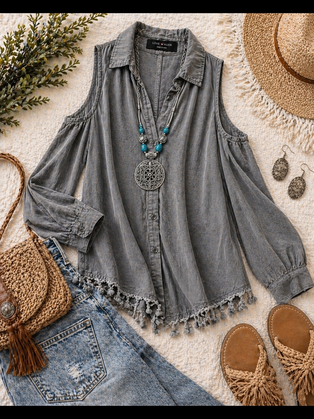 Love Kuza Gray Cold Shoulder Boho Tassel Blouse S